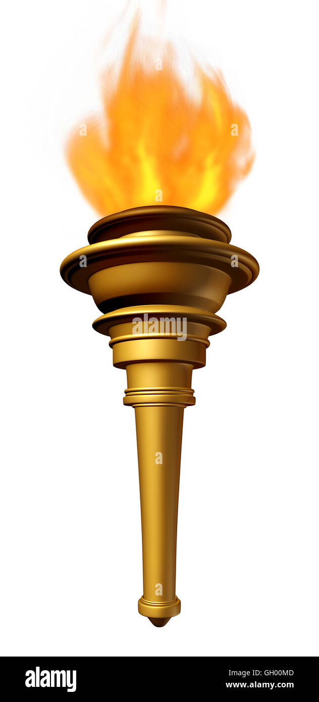 Fackel Flammensymbol als ein Abfackeln Feuerkorb Emblem für Sport-Zeremonie oder ein Leuchtfeuer für Triumph und Hoffnung als Metapher für die Freiheit und die Freiheit als eine 3D Darstellung auf einem weißen Melaminteller. Stockfoto