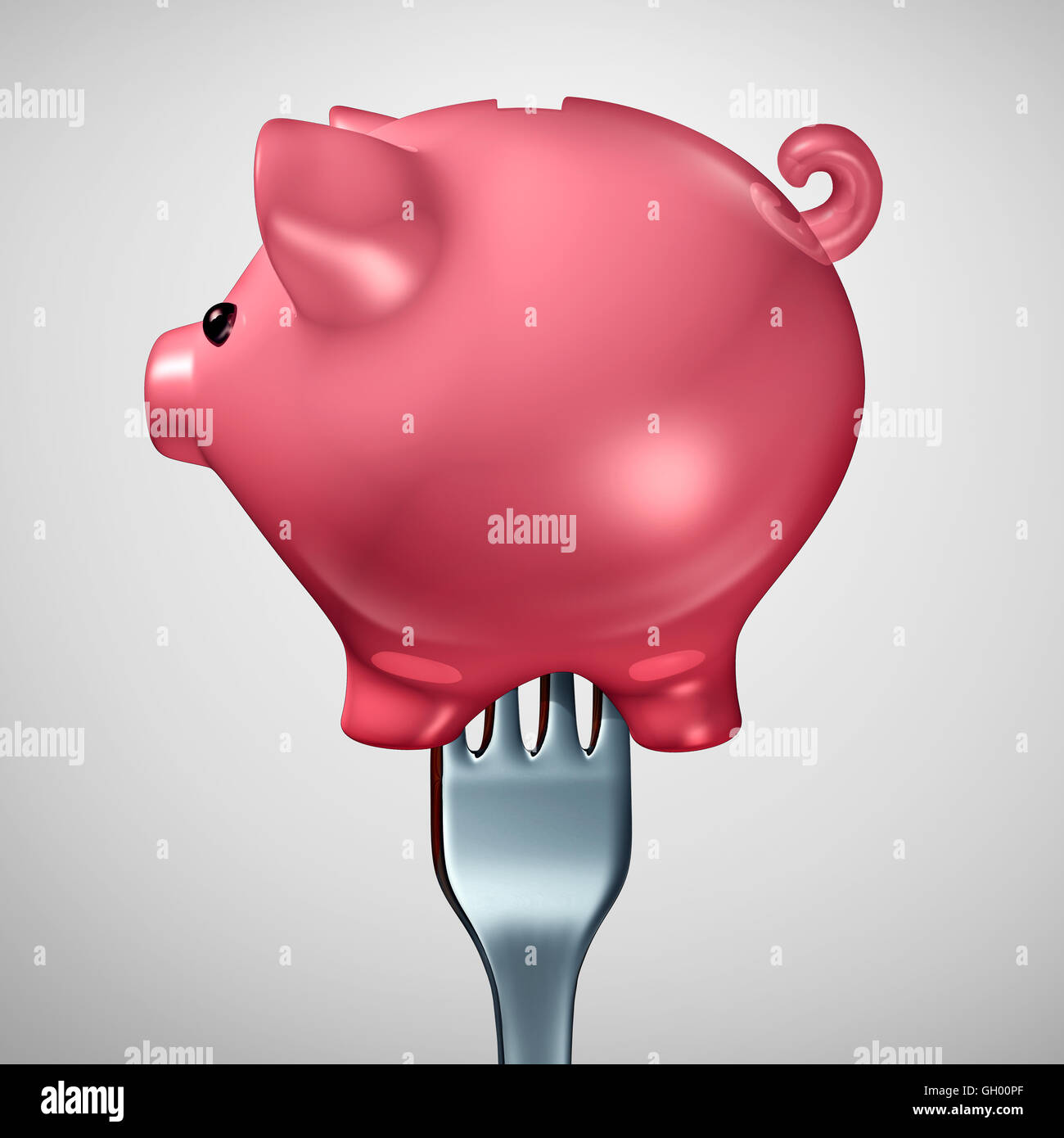 Wirtschaftsinvestitionen Appetit als eine Gabel in eine finanzielle Sparschwein-Symbol oder Sparschwein-Symbol als ein Finanzkonzept für Gier oder Investitionen Konsumismus als eine 3D Darstellung. Stockfoto