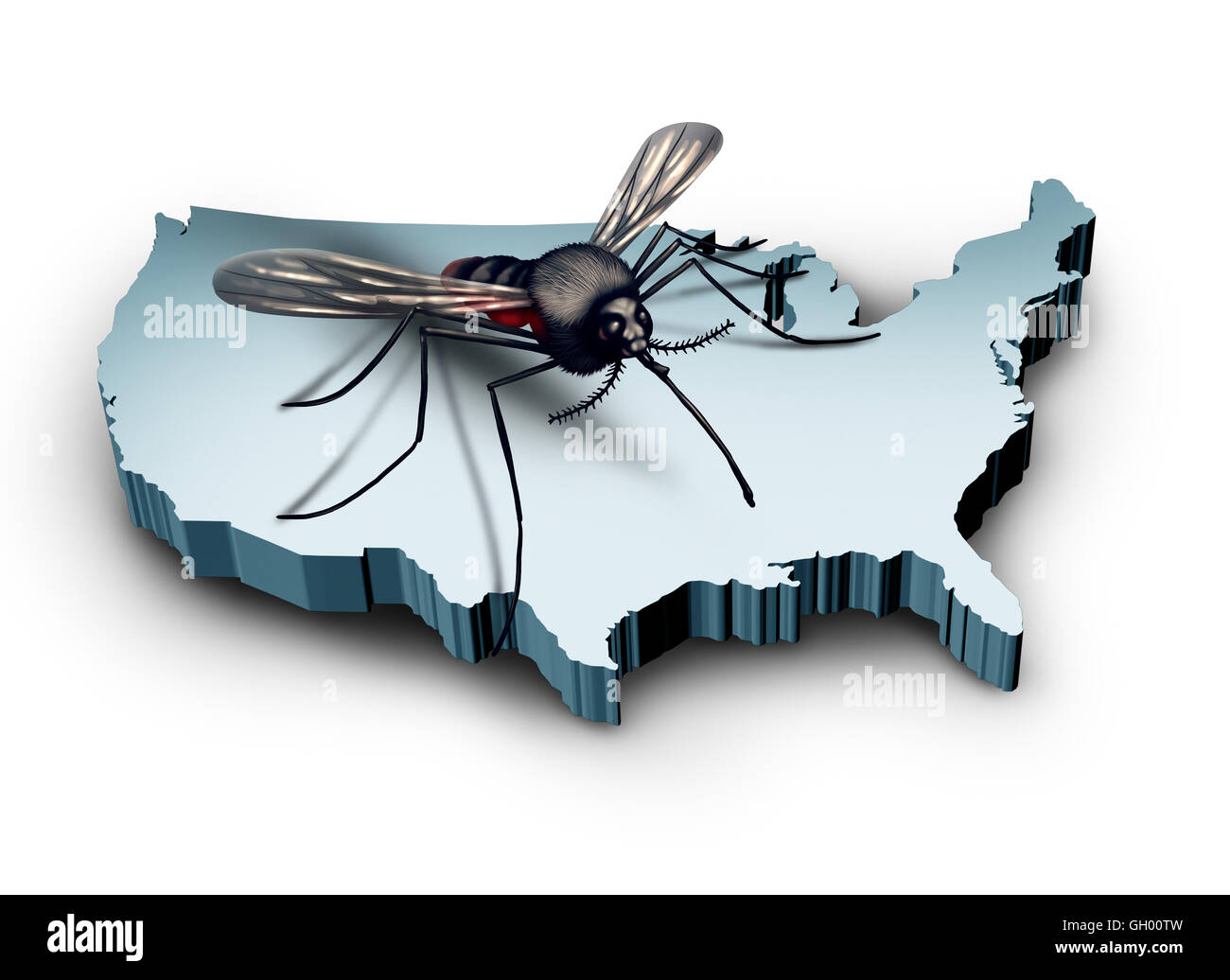 Zika-Virus in den Vereinigten Staaten-Konzept als eine Mücke sitzt auf eine 3D Darstellung des Landes von Amerika als medizinische Gesundheit Krise und Public Health Concern. Stockfoto