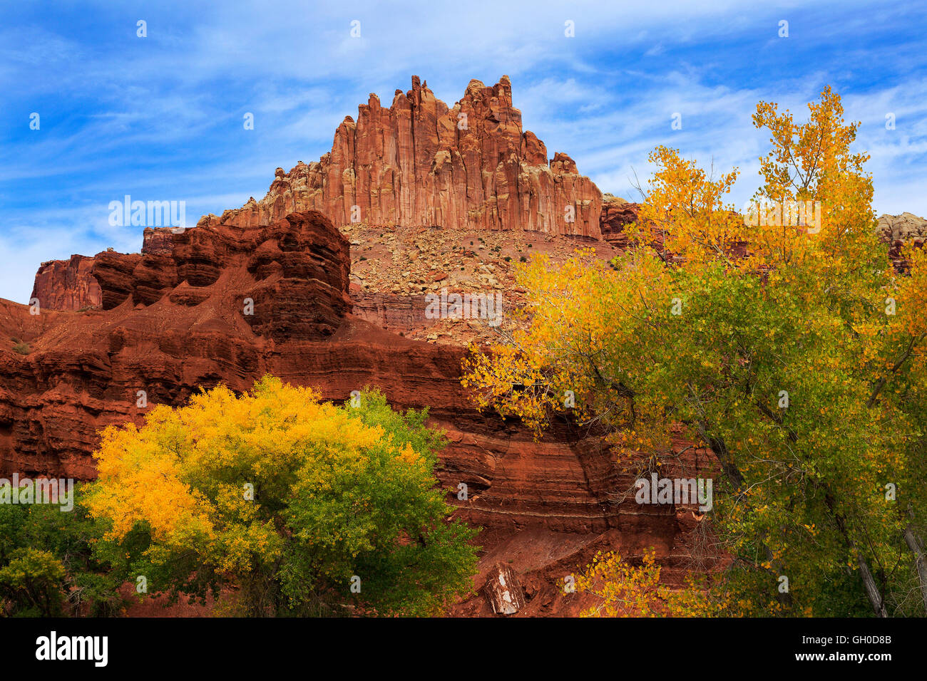 Farben des Herbstes entlang des Fremont River mit "The Castle" als Kulisse in Capitol Reef National Park in Utah Stockfoto