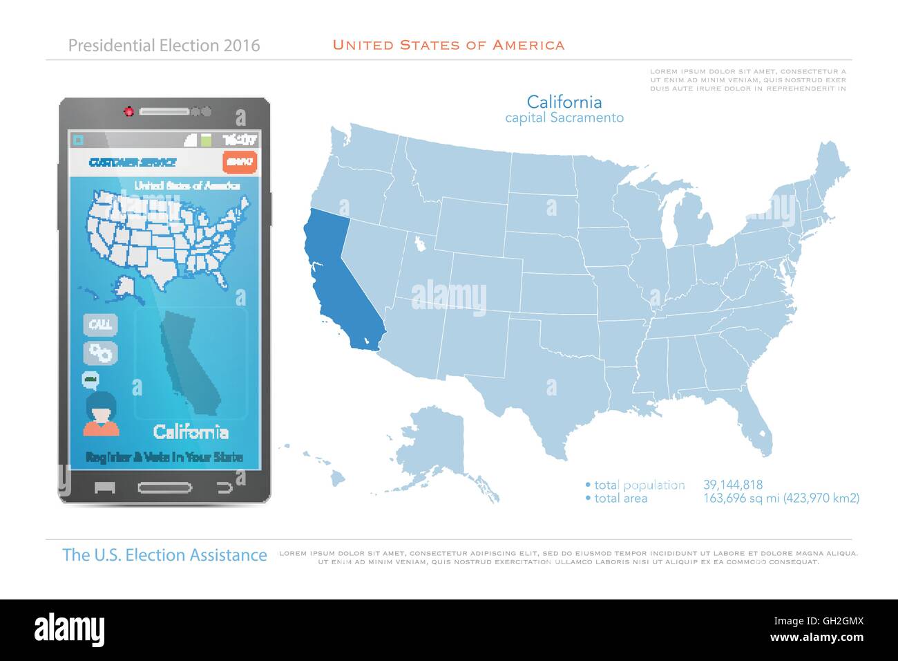 Vereinigte Staaten von Amerika-Karten und California Staatsgebiet. politische Karte der USA Vektor. US-Wahl Hilfe app für intelligente pho Stock Vektor