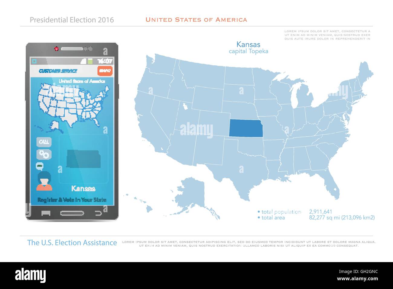 Vereinigte Staaten von Amerika-Karten und Kansas Staatsgebiet. politische Karte der USA Vektor. US-Wahl Hilfe app für Smartphone. Stock Vektor