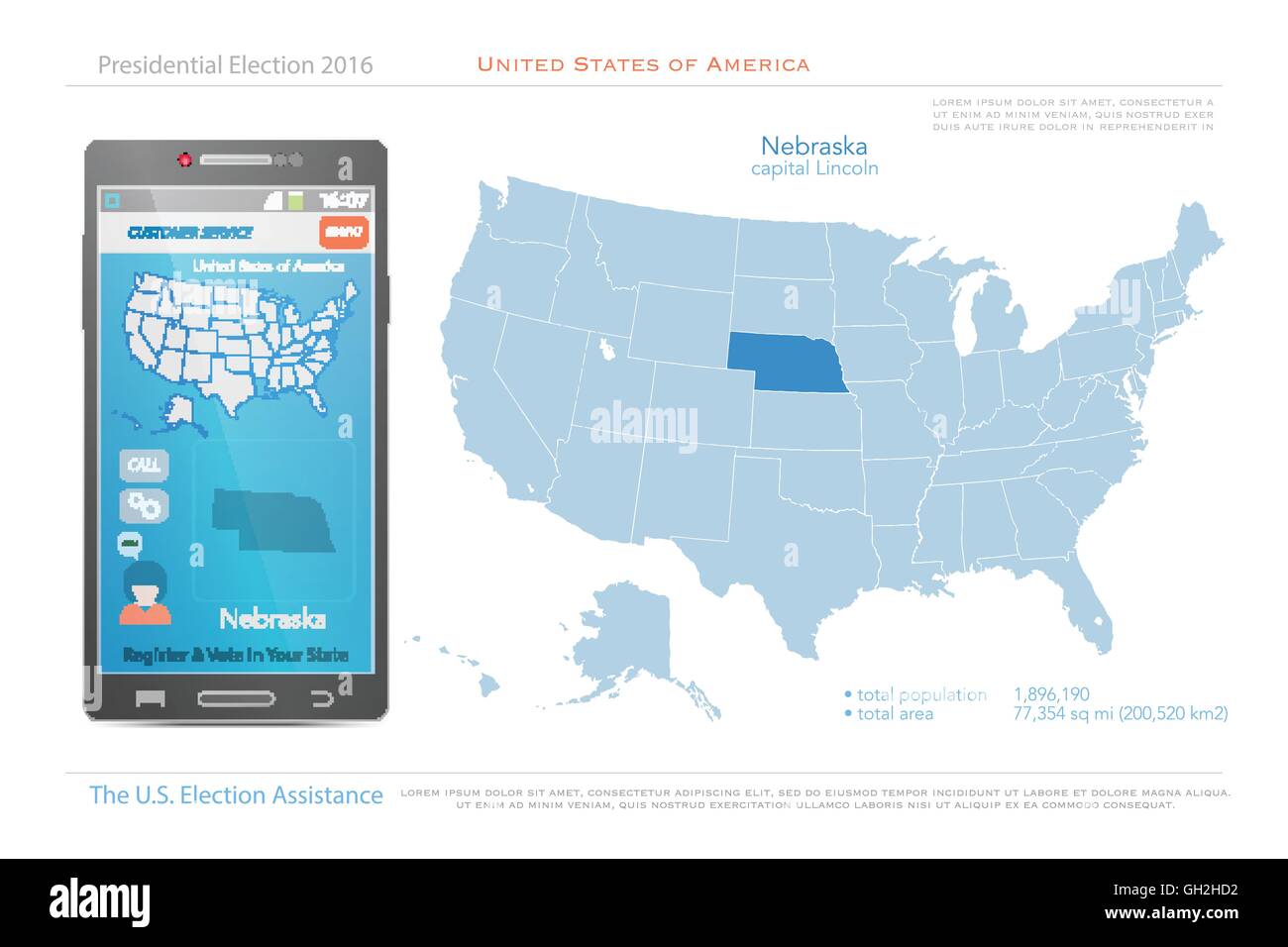 Vereinigte Staaten von Amerika-Karten und Staat Nebraska-Territorium. politische Karte der USA Vektor. US-Wahl-Hilfe-app für Smartphone Stock Vektor