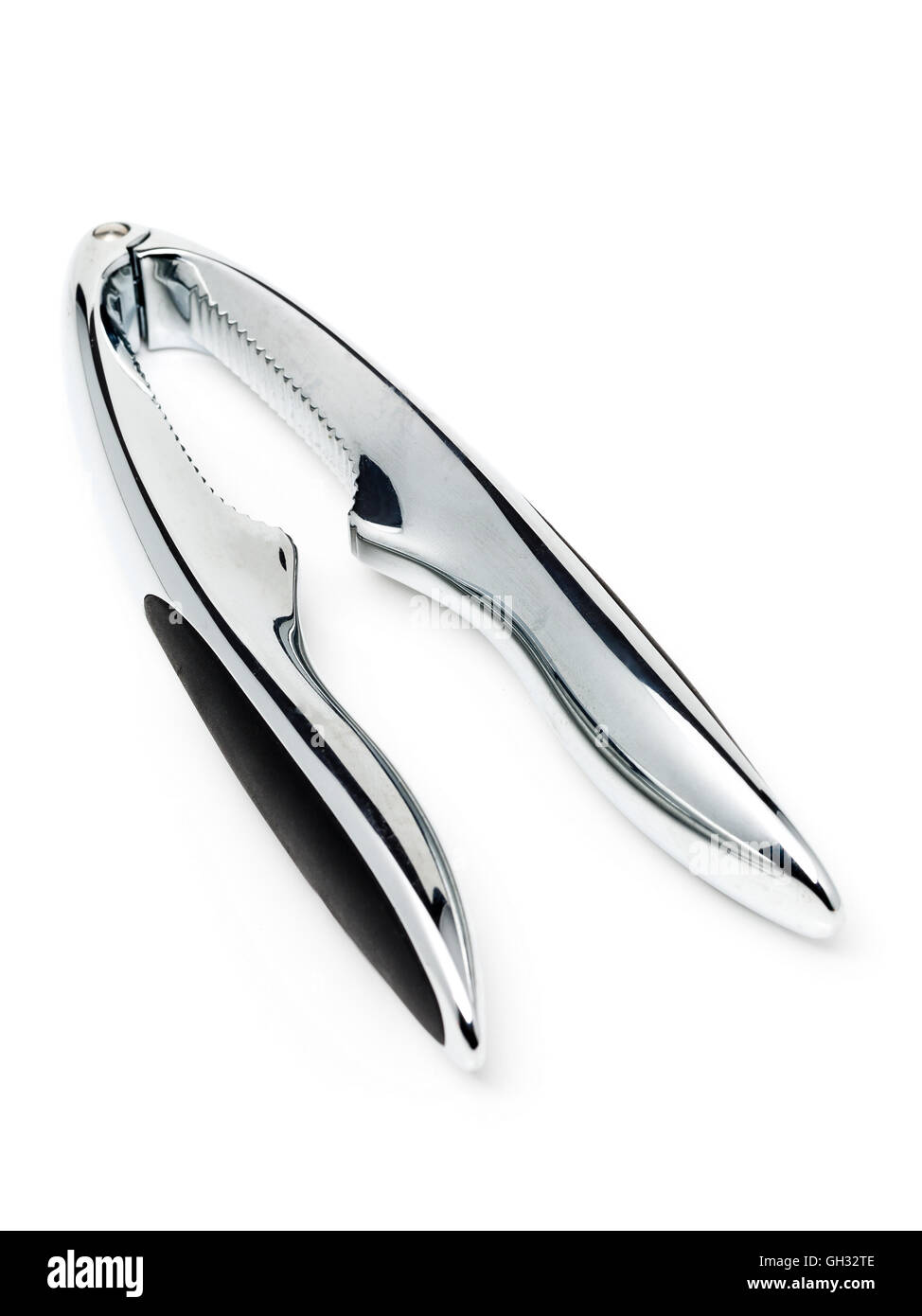 Poliertem Chrom Nussknacker auf weißem Hintergrund Stockfoto