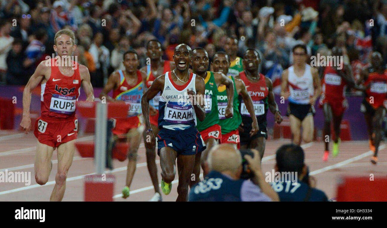 London 2012 - Olympiade: Leichtathletik - Herren-10.000-Meter-Finale.  Mohamed Farah - Großbritannien gewann die Goldmedaille.  Embraci Stockfoto