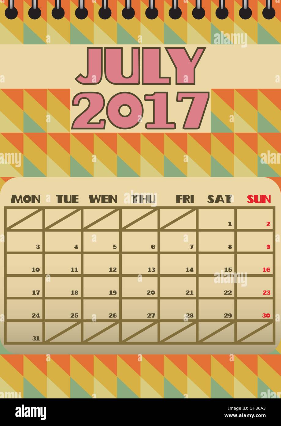 Juli 2017 Retro Kalender beginnt mit Montag. Vektor-Datei enthält isolierte Spiralbindung Ebene geometrische Formen Stock Vektor