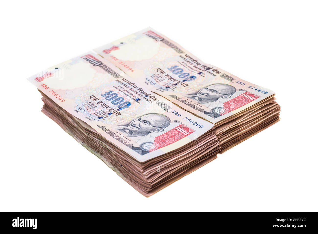 Stapel von tausend Rupien Noten (indische Währung). Stockfoto