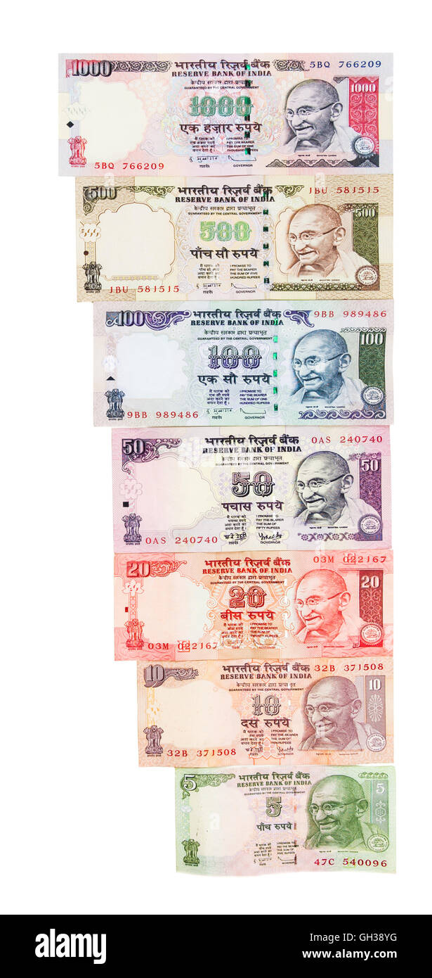 Eine Vielzahl von indische Rupie Notizen isoliert auf einem weißen Hintergrund. Stockfoto