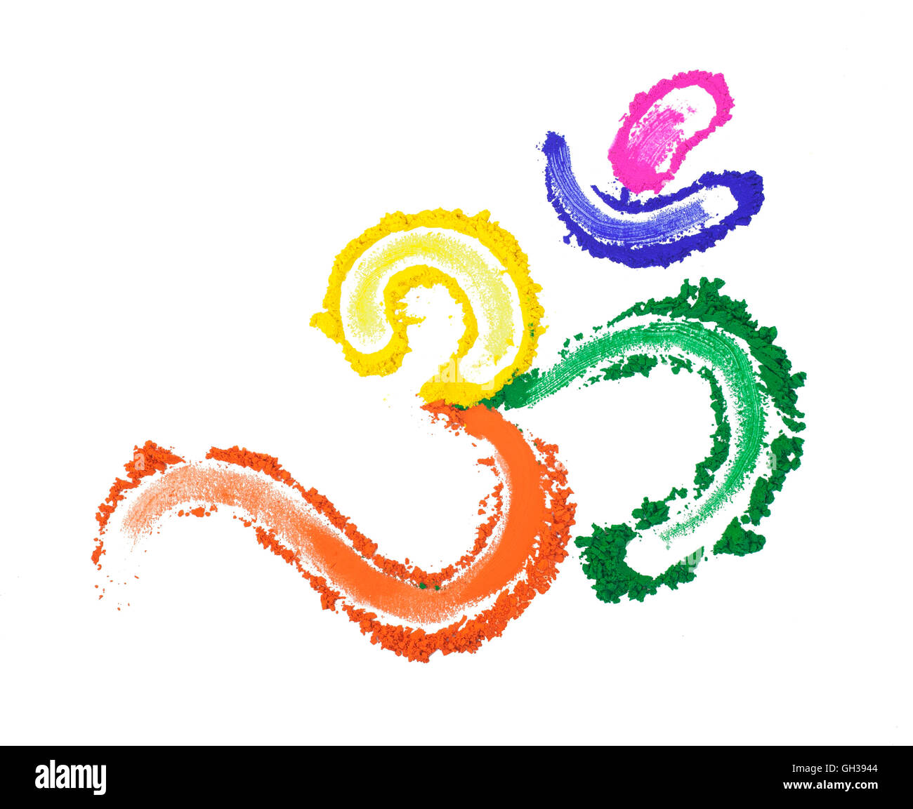 Eine bemalte OM Symbol in einer Vielzahl von leuchtenden Farben, isoliert auf weiss. Stockfoto
