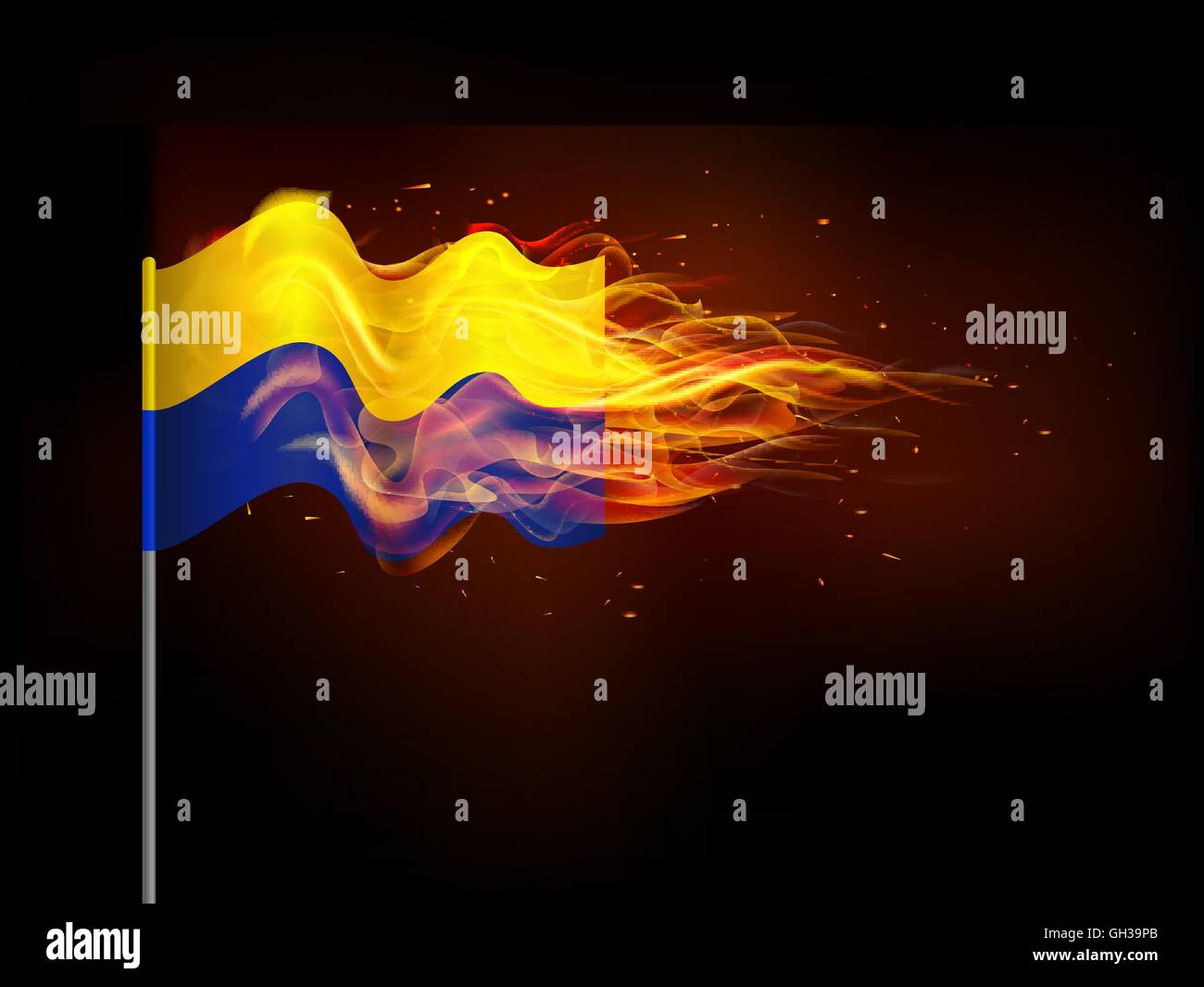Ukrainische Flagge in Flammen. Veranschaulicht das Problem des bewaffneten Konflikts in der Ukraine. Stock Vektor