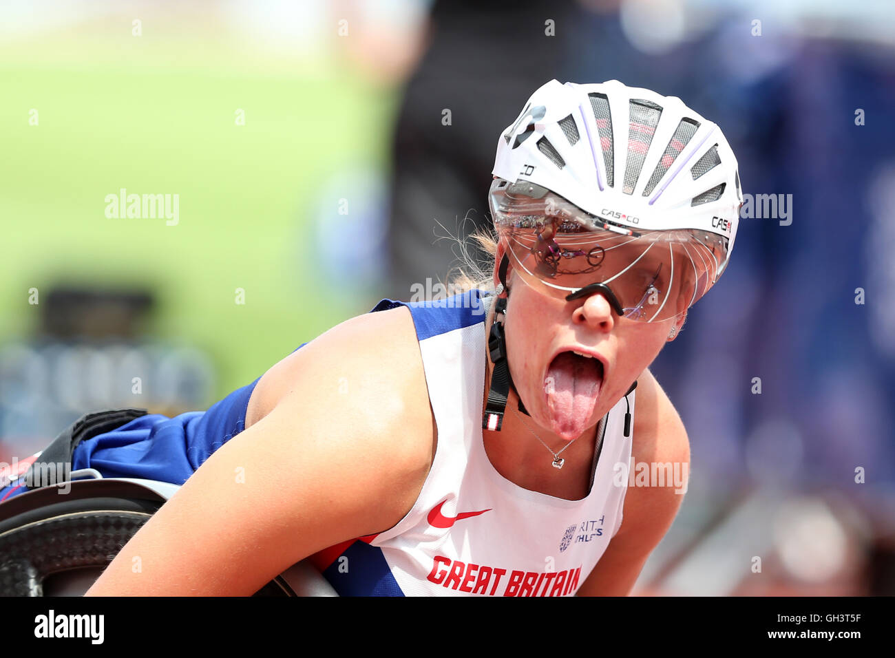 Hannah COCKROFT im Wettbewerb mit der Frauen 100m T34, IPC Jubiläum Spiele 2016., Queen Elizabeth Olympic Park, Stratford, London, UK. Stockfoto