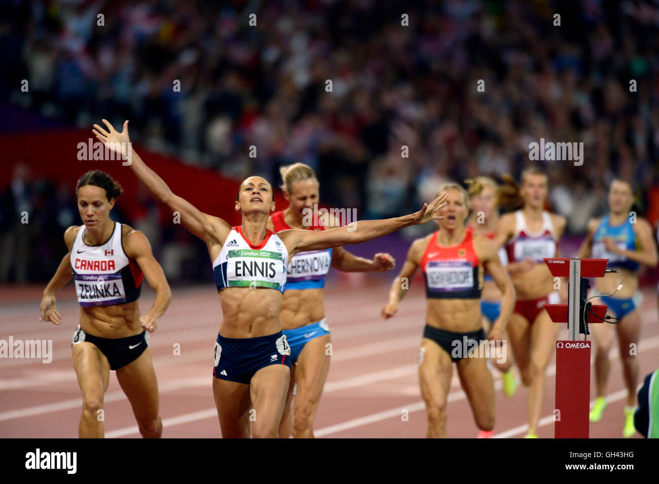 Jessica Ennis aus Großbritannien gewann die Goldmedaille im Siebenkampf während der Olympischen Spiele in London. Stockfoto