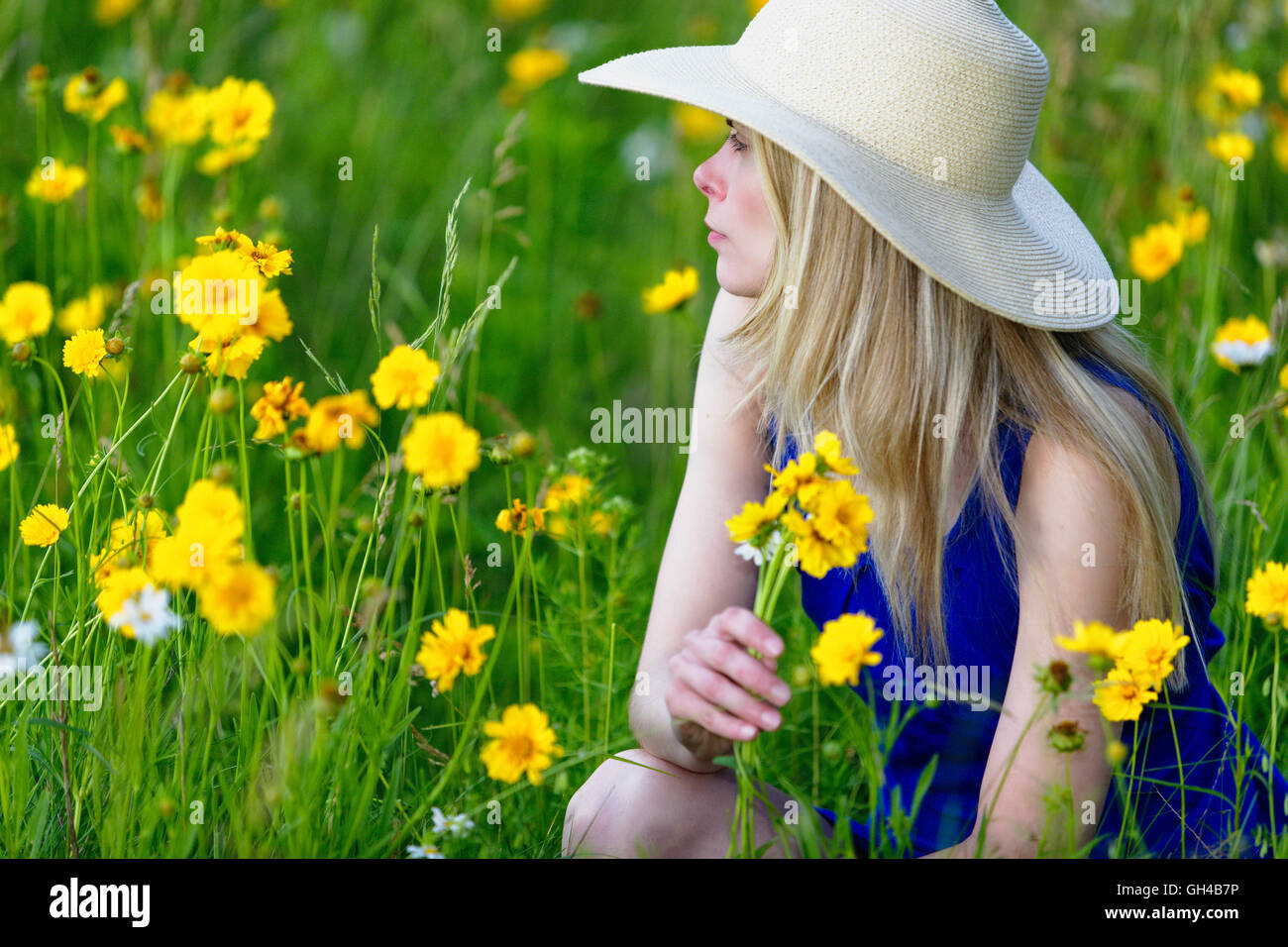 Close Up Blick auf eine junge Frau im Sommer Kleid und Hut in eine Wildflower kniend gefüllt, Wiese und Blumen halten Stockfoto