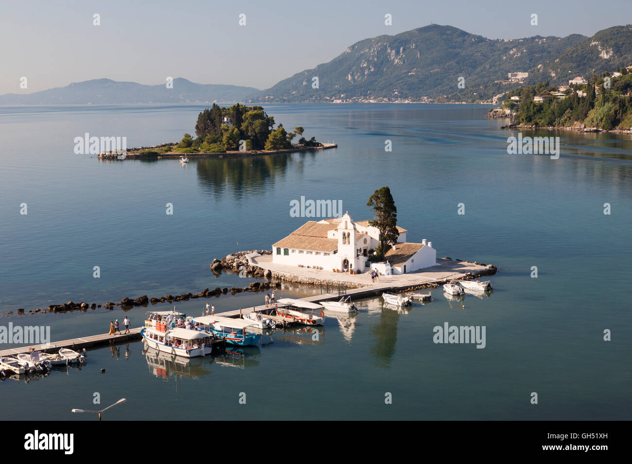 Kloster Panagia Vlacherna und Mausinsel, Kerkira, Korfu, Ionisches Meer, griechische Insel, Griechenland Stockfoto