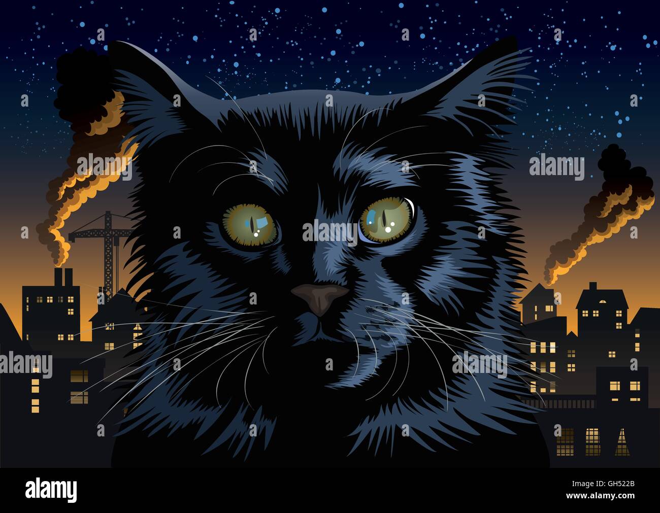 Städtische schwarze Katze in der Stadt in der Nacht. Stock Vektor
