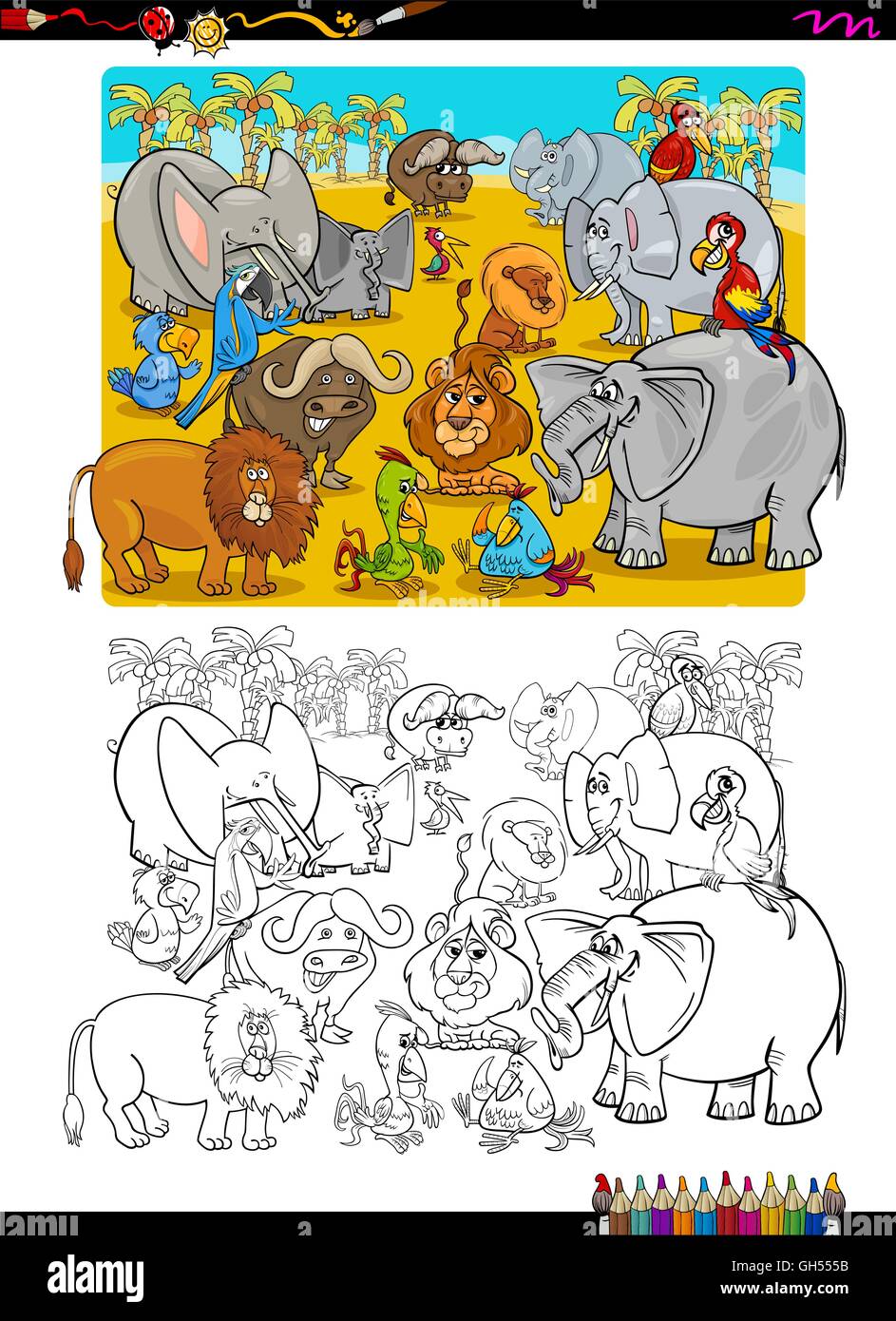 Cartoon Illustration Safari Tiere Figuren Malvorlagen Stock