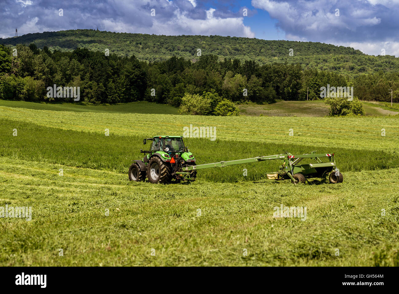 Landmaschinen Traktor Ernte Heu-Feld Stockfoto