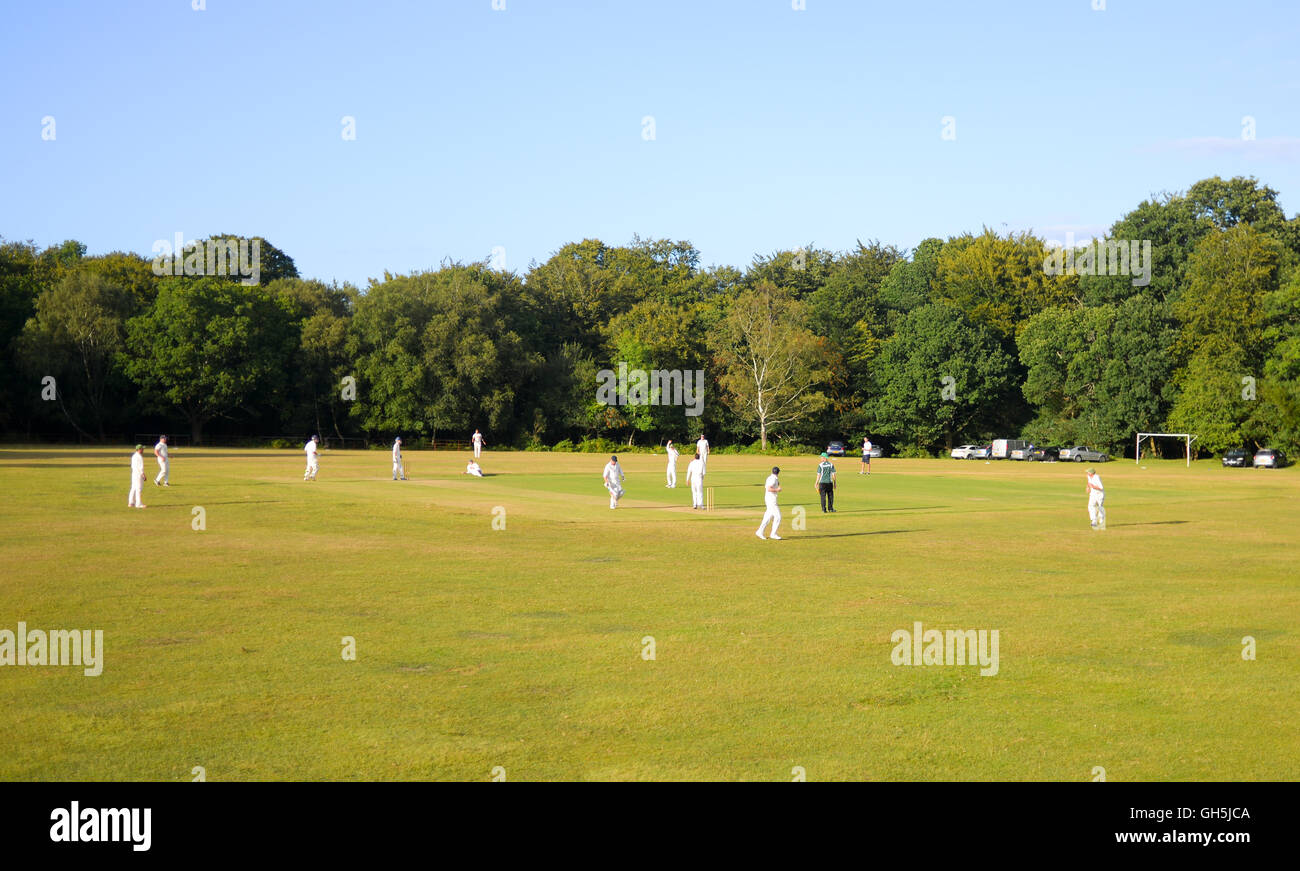 Cricket, eine sehr englische Spiel, gespielt in der traditionellen Ambiente auf einem Dorfplatz. Stockfoto