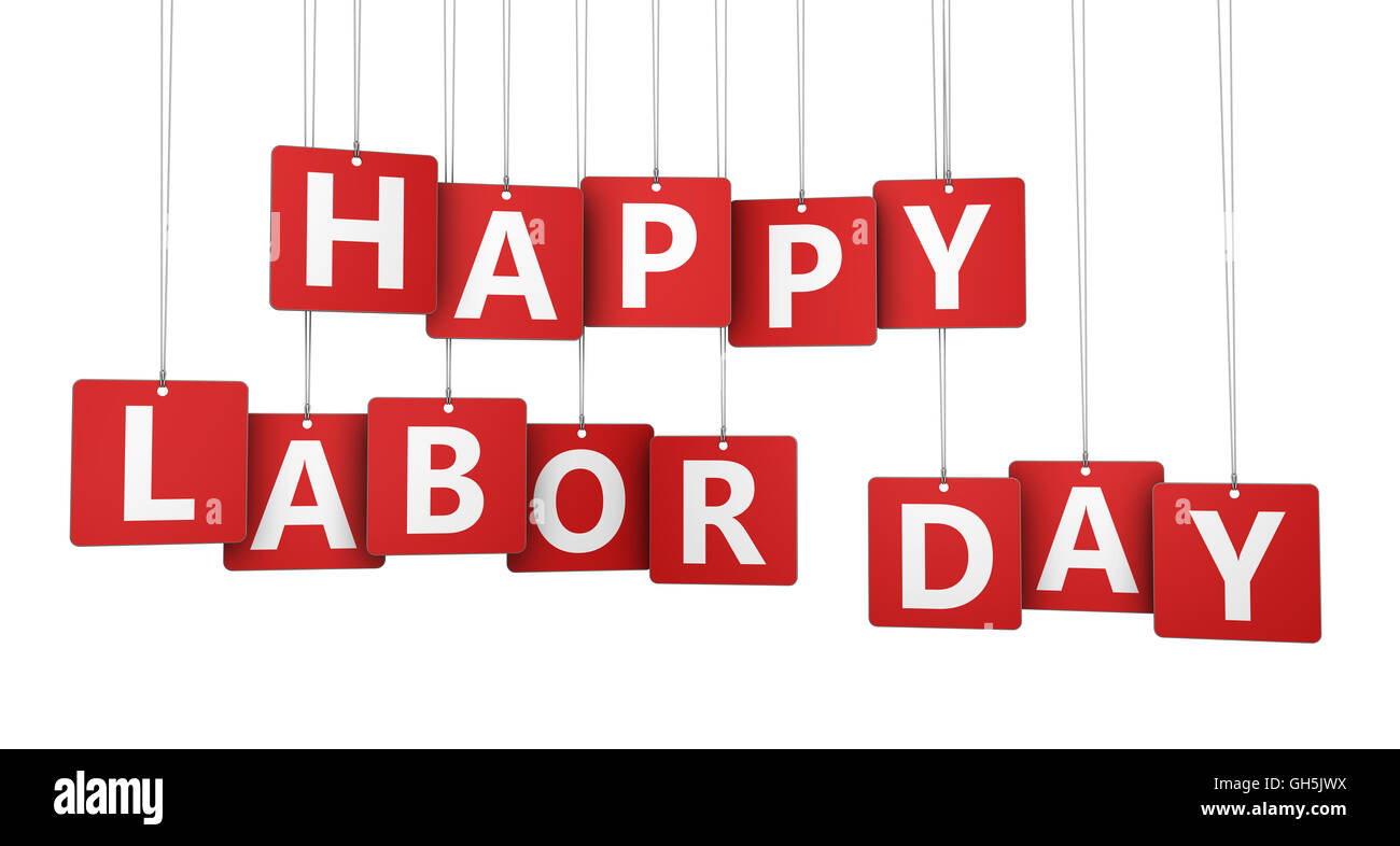 Glückliche Tag der Arbeit nationaler Feiertag Konzept mit Schild auf rotem Papier Tags isoliert auf weißem Hintergrund 3D illustration Stockfoto