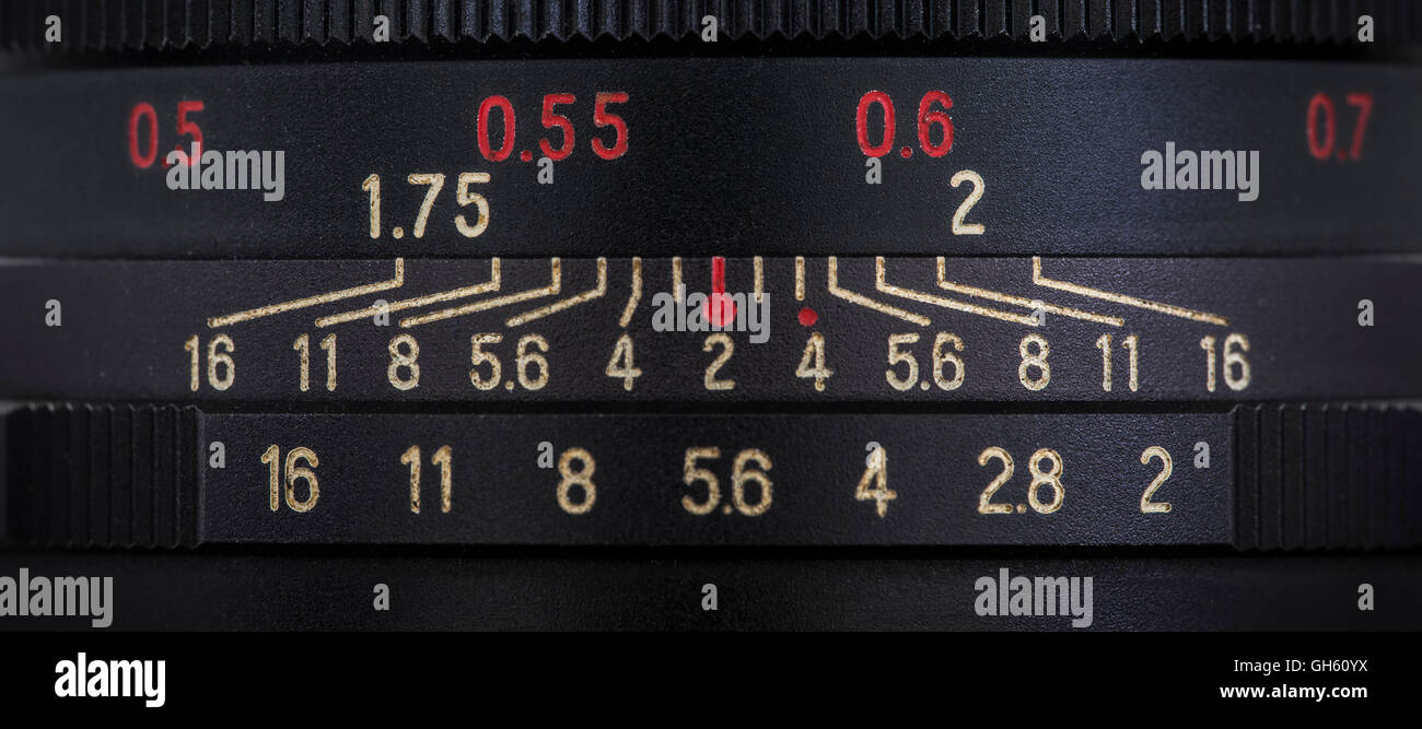 Nahaufnahme von eine alte Kamera Objektivkörper zeigt die F-Stops Stockfoto
