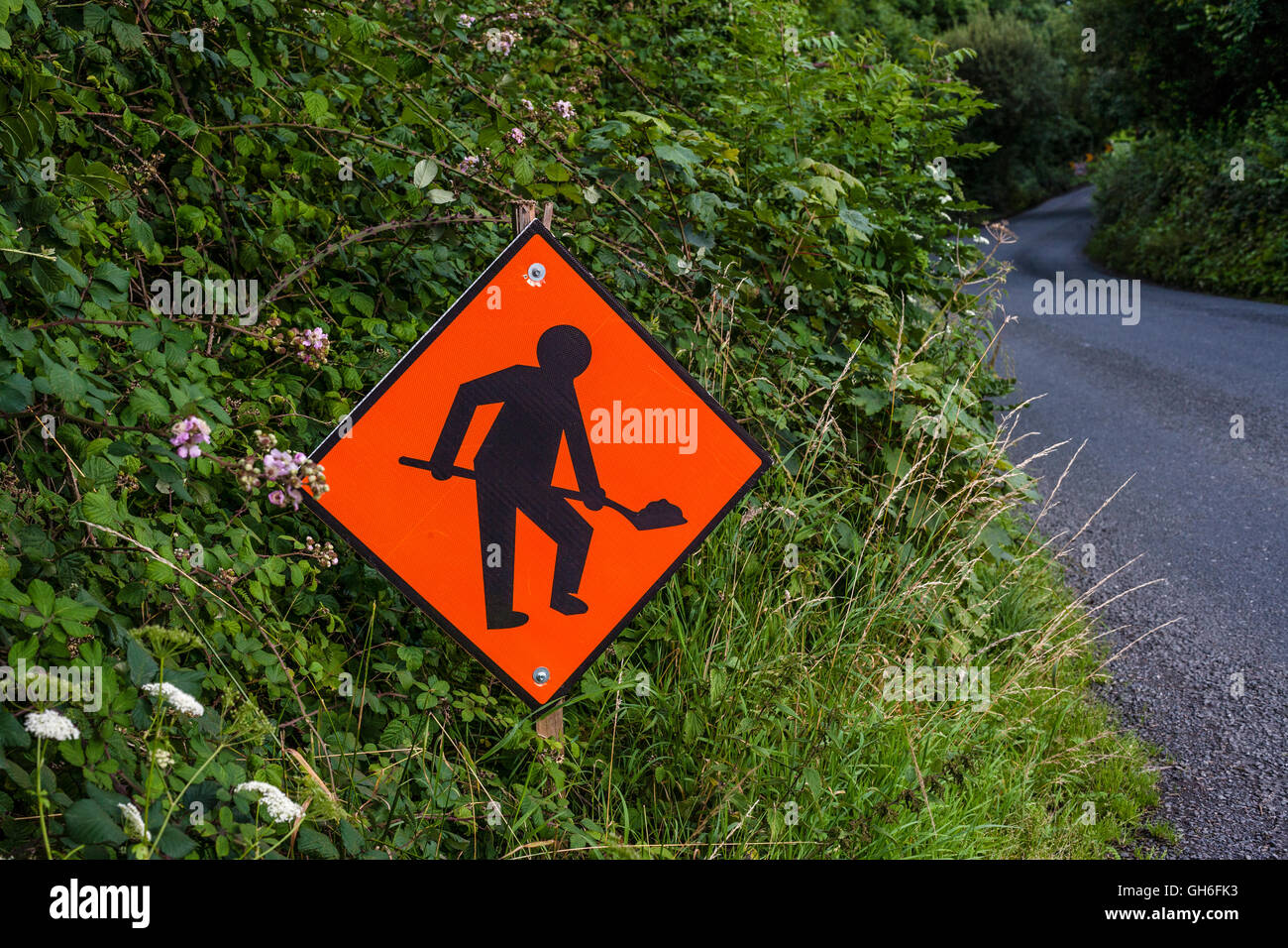 Baustellen-Schild, Country Lane, County Limerick, Irland Stockfoto