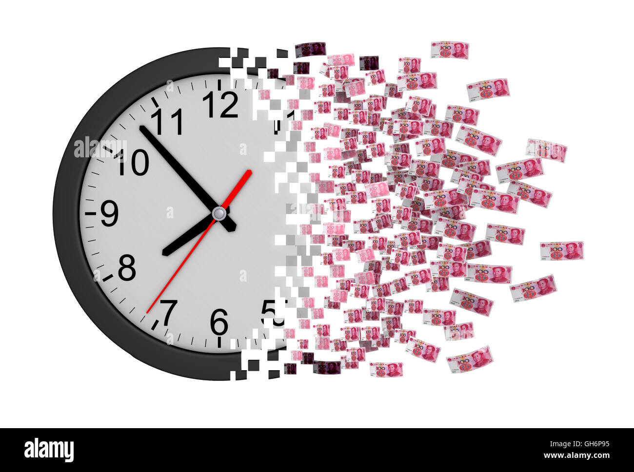 Zeit ist Geld. Uhr fallen auseinander, chinesischen Yuan. 3D Illustration. Stockfoto