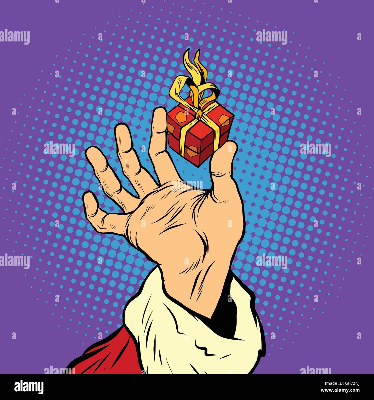 Hand von Santa Claus und ein kleines Geschenk Stock Vektor