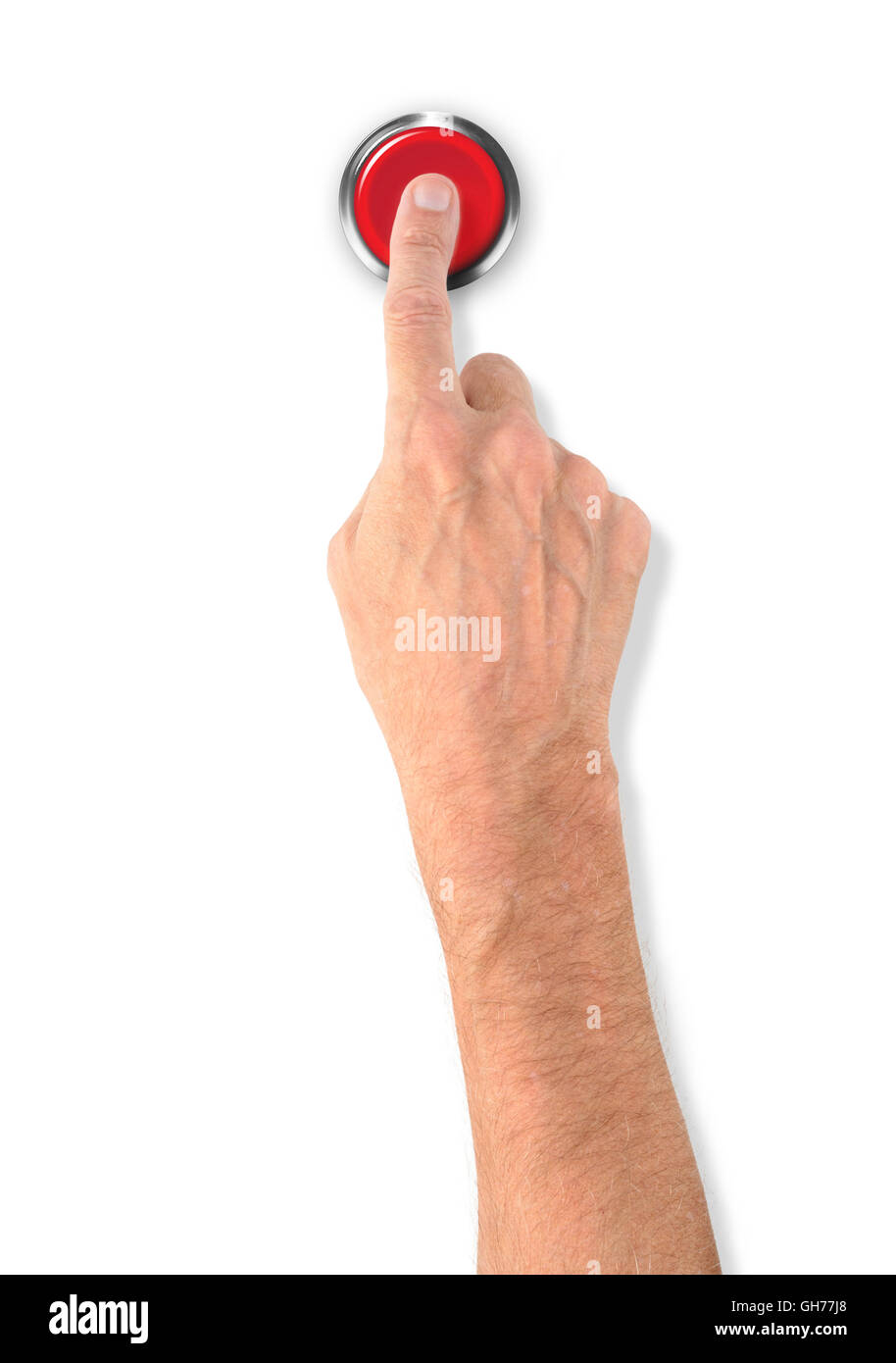 Ein Mann eine großen roten Start-Stop-Alarm-Taste mit dem Finger drücken Stockfoto