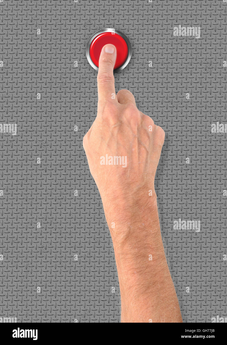 Ein Mann eine großen roten Start-Stop-Alarm-Taste mit dem Finger drücken Stockfoto