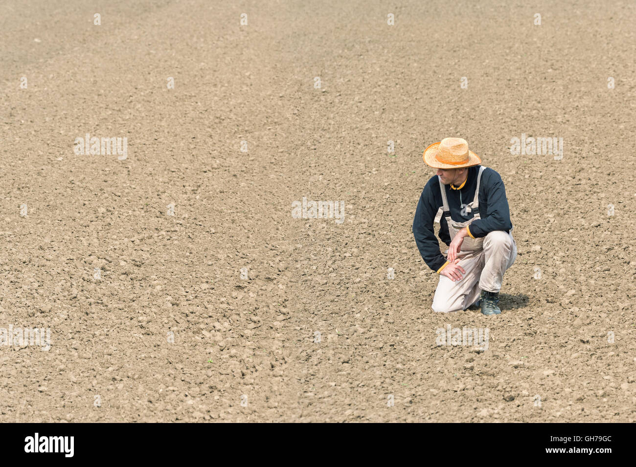 Junglandwirt beobachten gepflügtes Feld Stockfoto