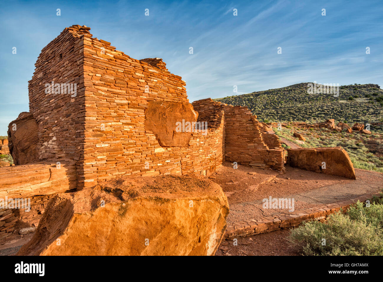 Wupatki Pueblo Ruine bei Sonnenuntergang, Wupatki National Monument, Arizona, USA Stockfoto