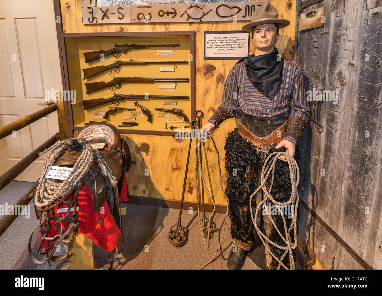 Cowboy-Diorama-Display, Museum im 1880 s-Kaserne Fort Bridger State Historic Site, Wyoming, USA Stockfoto