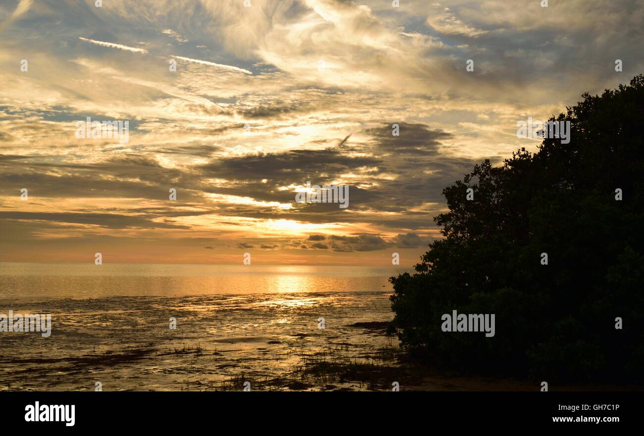 Kurz vor Sonnenuntergang an einem Strand an einem stürmischen Abend in Florida. Stockfoto