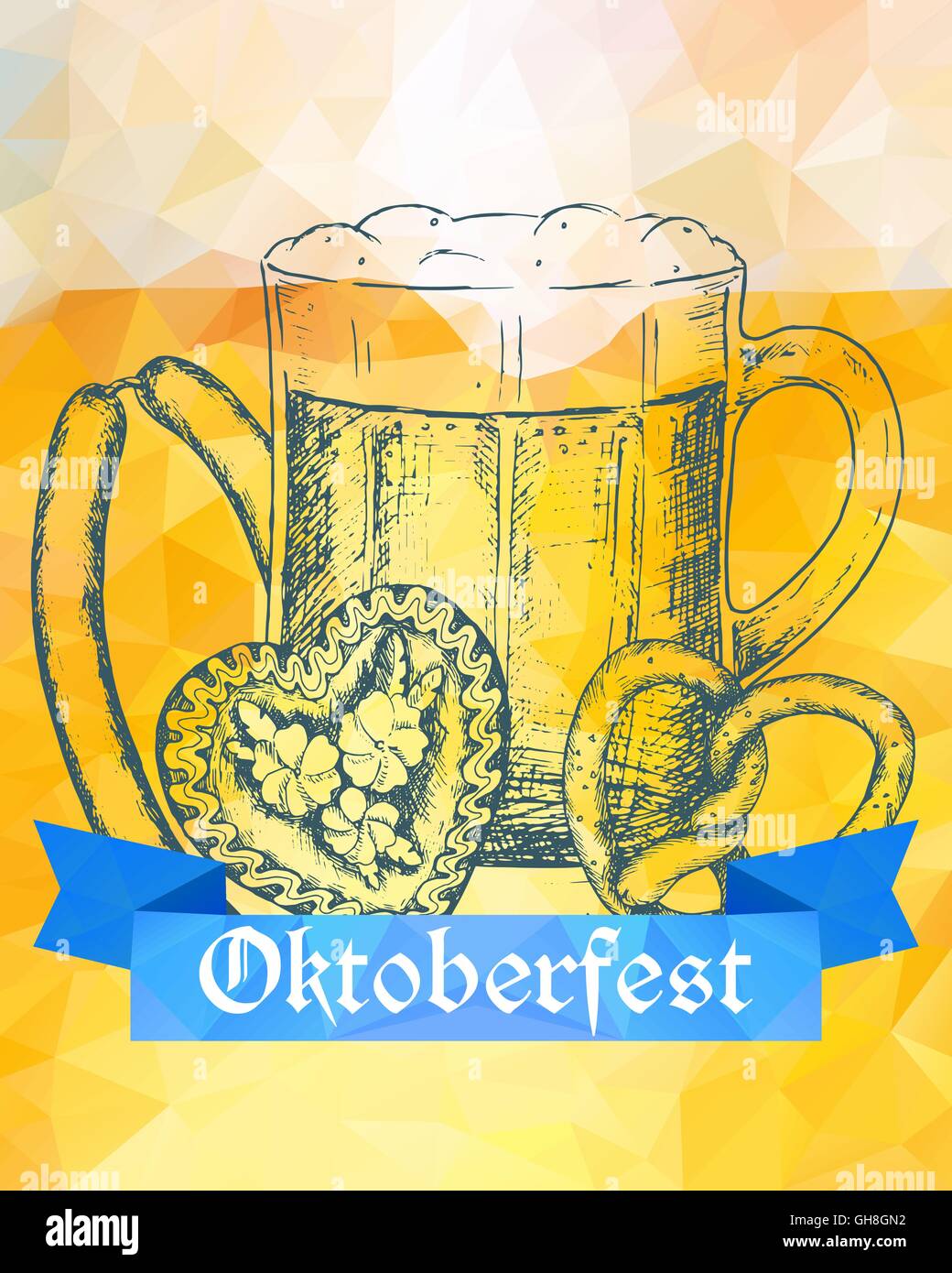 Oktoberfest-Vektor-Illustration. Bierkrug, Brezel, Würstchen und Stock Vektor