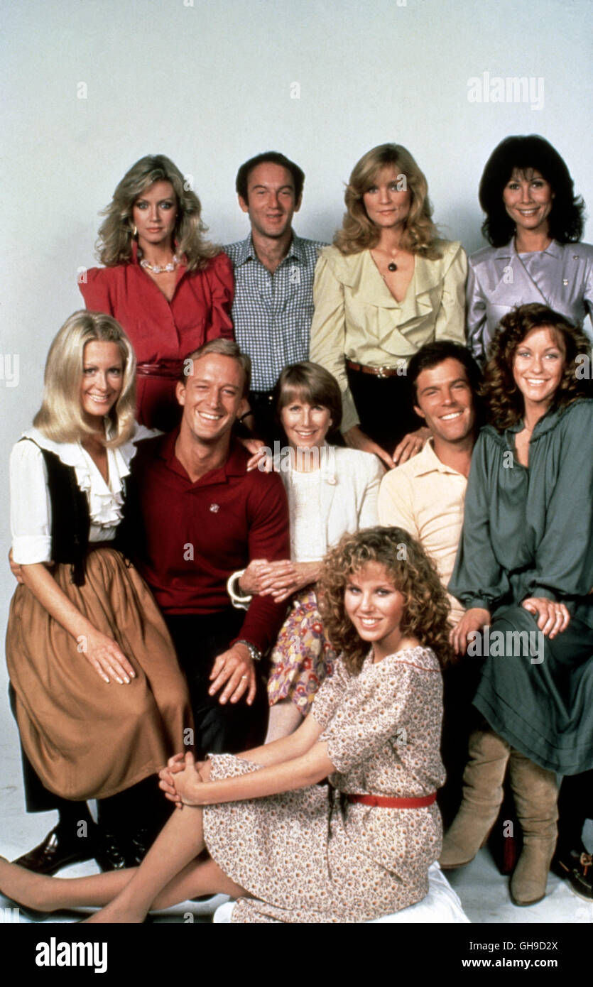 Hinten: DONNA MILLS, JOHN PLESHETTE, CONSTANCE MCCASHIN, MICHELE LEE, Mitte: JOAN VAN ARK, TED SHACKELFORD, JULIE HARRIS, JAMES HOUGHTON, KIM LANKFORD, Vorne: CLAUDIA LONOW Film, Fernsehen, Serie, 80er, 90er-Regie: David Jacobs u.a. aka. Knoten-Landung Stockfoto