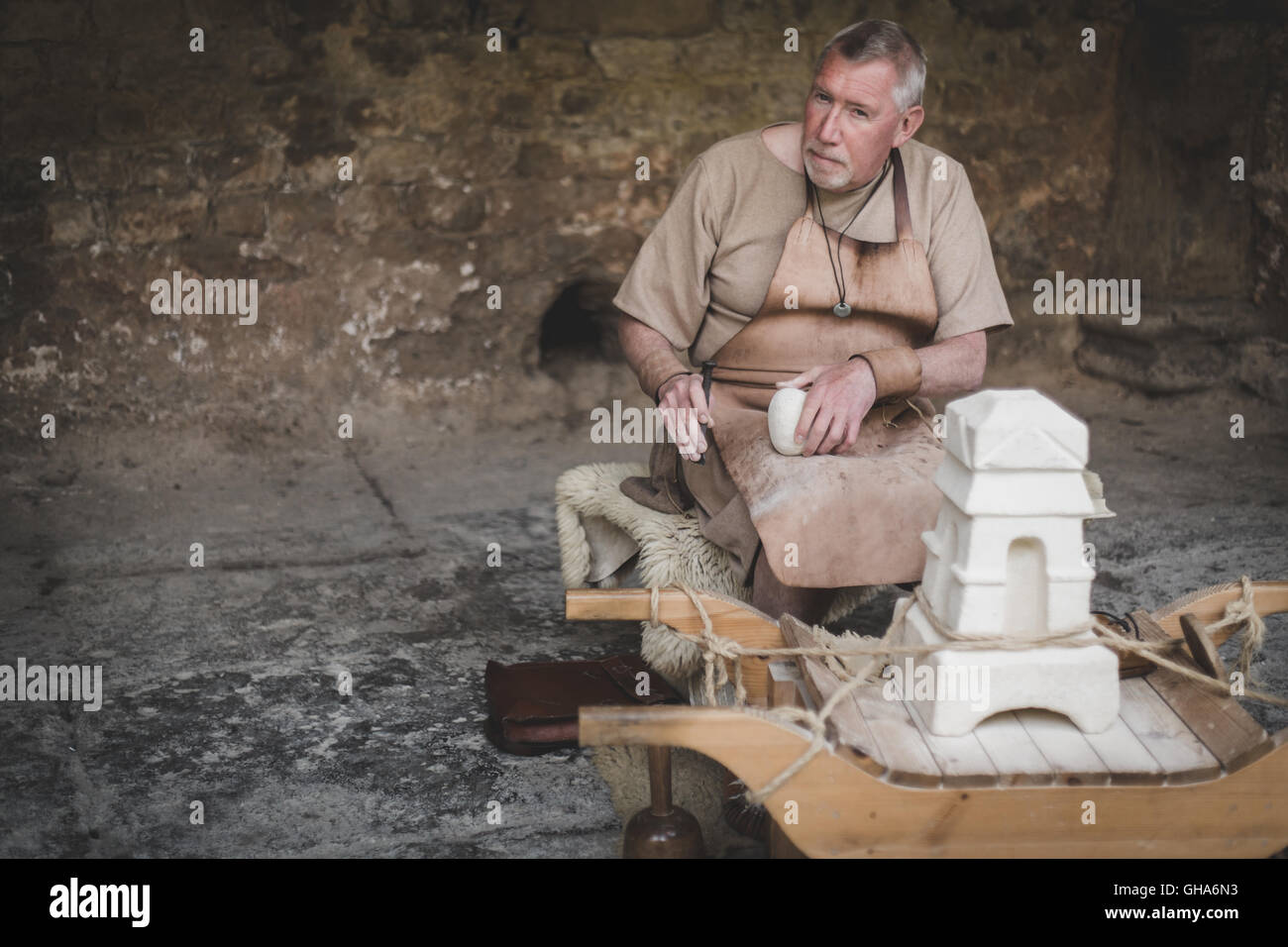 Roman Stone Mason Workshop in den Roman Baths, Bath, England Stockfoto