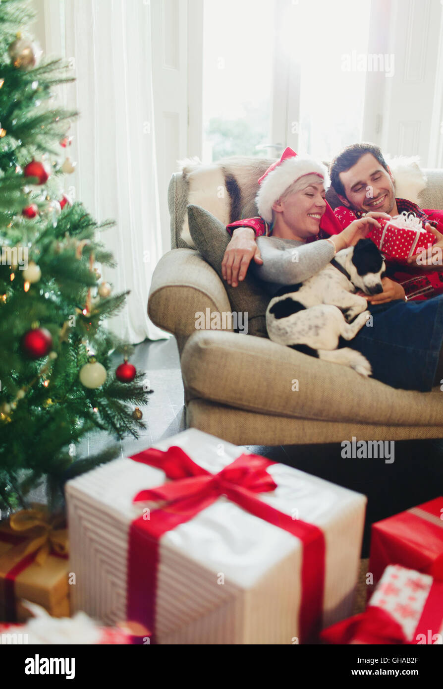 Paar kuscheln auf dem Sofa mit Hund in der Nähe von Weihnachtsbaum und Geschenke Stockfoto