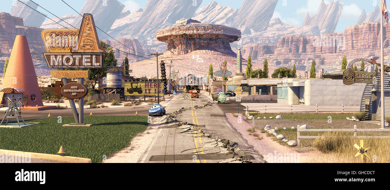 Autos USA 2006 John Lasseter Bewohner von Radiator Springs finden ihre Hauptstraße zerstört. Regie: John Lasseter Stockfoto