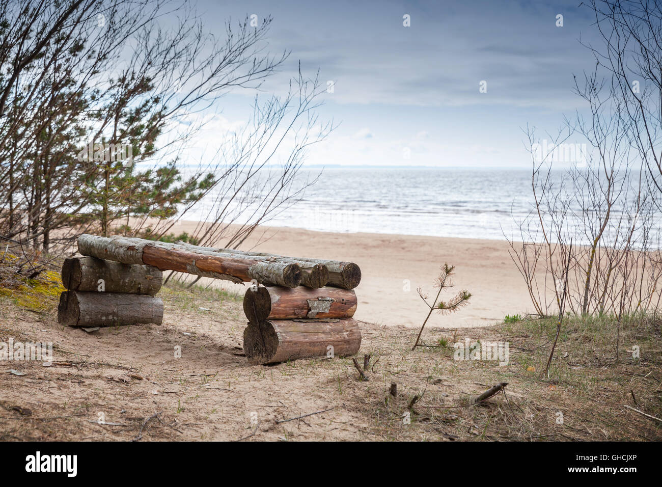 Leere grobe Holzbank steht auf Ostseeküste im Frühling. Küstenlandschaft Stockfoto