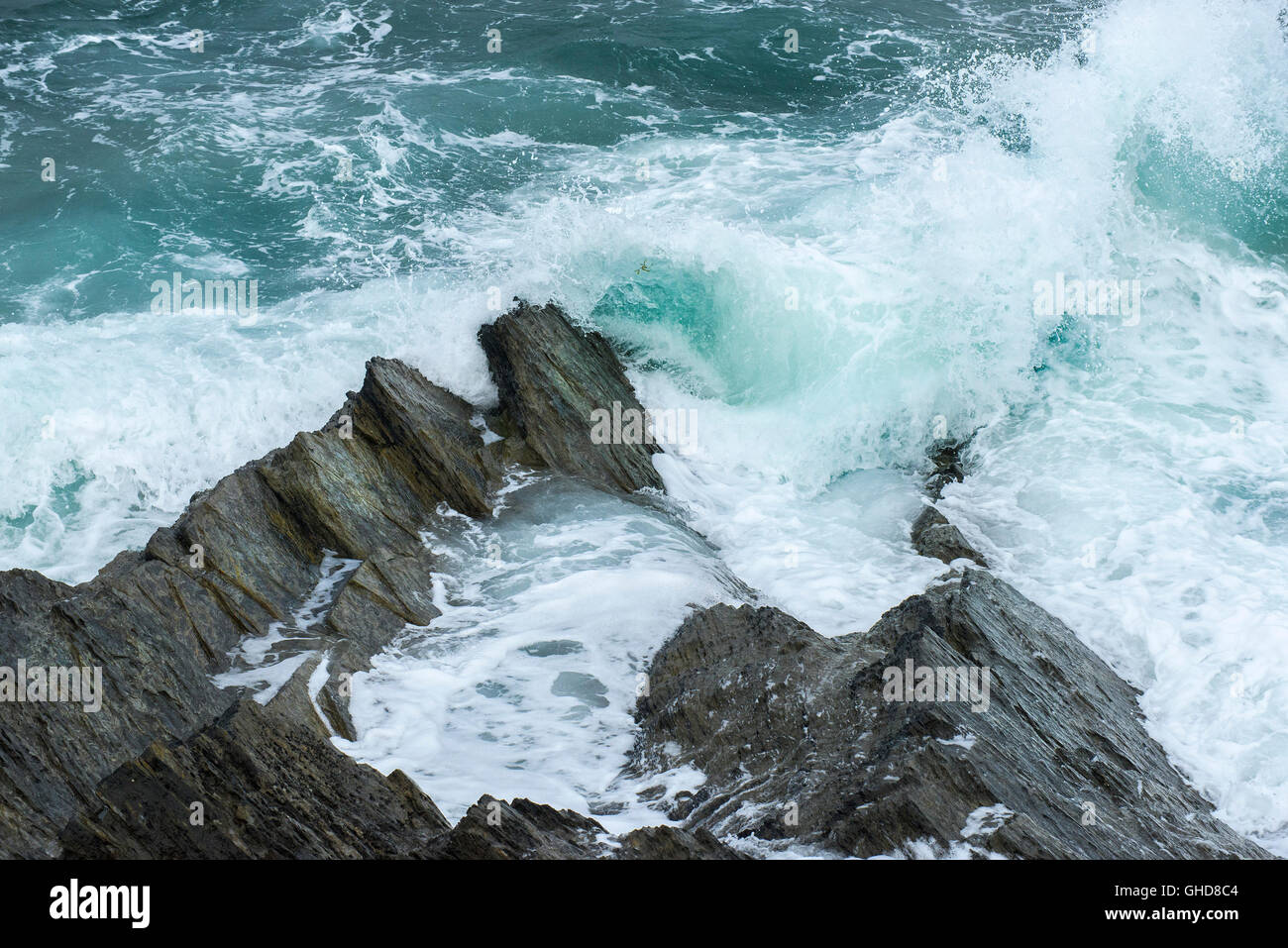 Wellen, die auf Felsen am Towan Landzunge in Newquay, Cornwall. Stockfoto