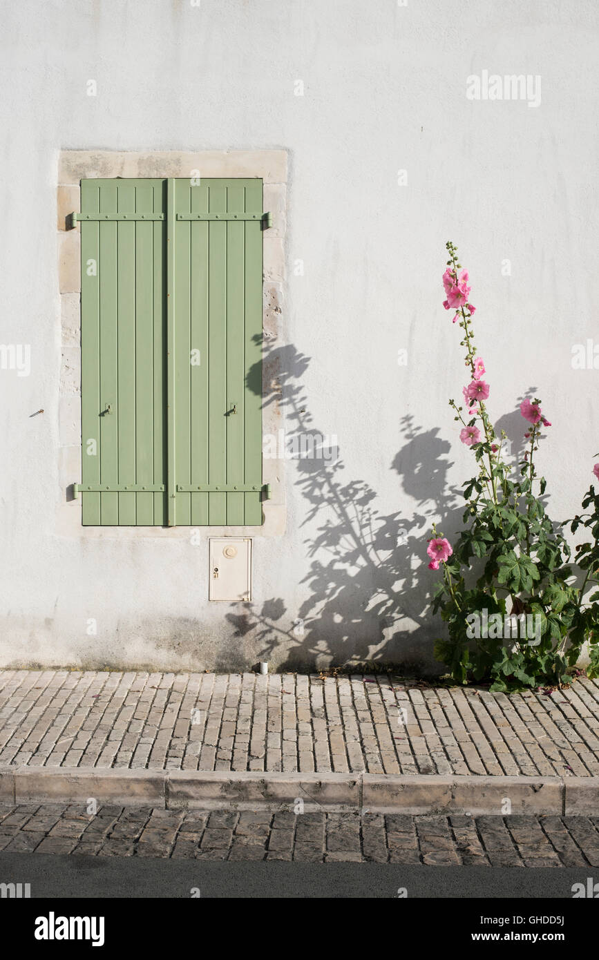 Französische Fensterläden und Blumen in ruhigen Dorf an einem Sommertag Stockfoto