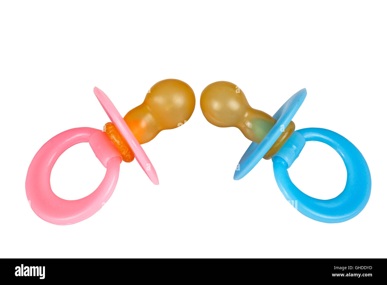 Isolierte Paar Blaue Und Rosa Baby Schnuller Dummys In Auf Weissem Hintergrund Stockfotografie Alamy