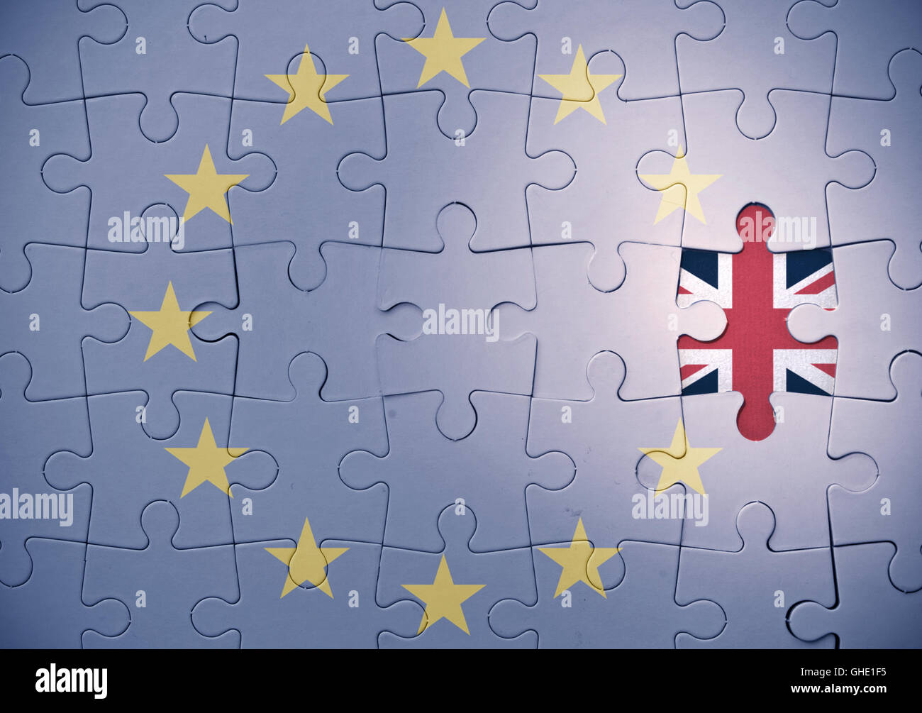 Europäischen Union Puzzle mit britischer Flagge Stück auf der einen Seite fehlt Stockfoto