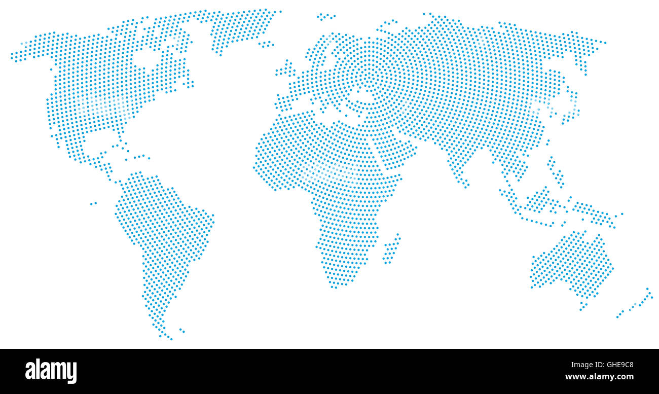Welt Karte radial Punktmuster. Blaue Punkte gehen von der Mitte nach außen und bilden die Silhouette der Oberfläche der Erde. Stockfoto