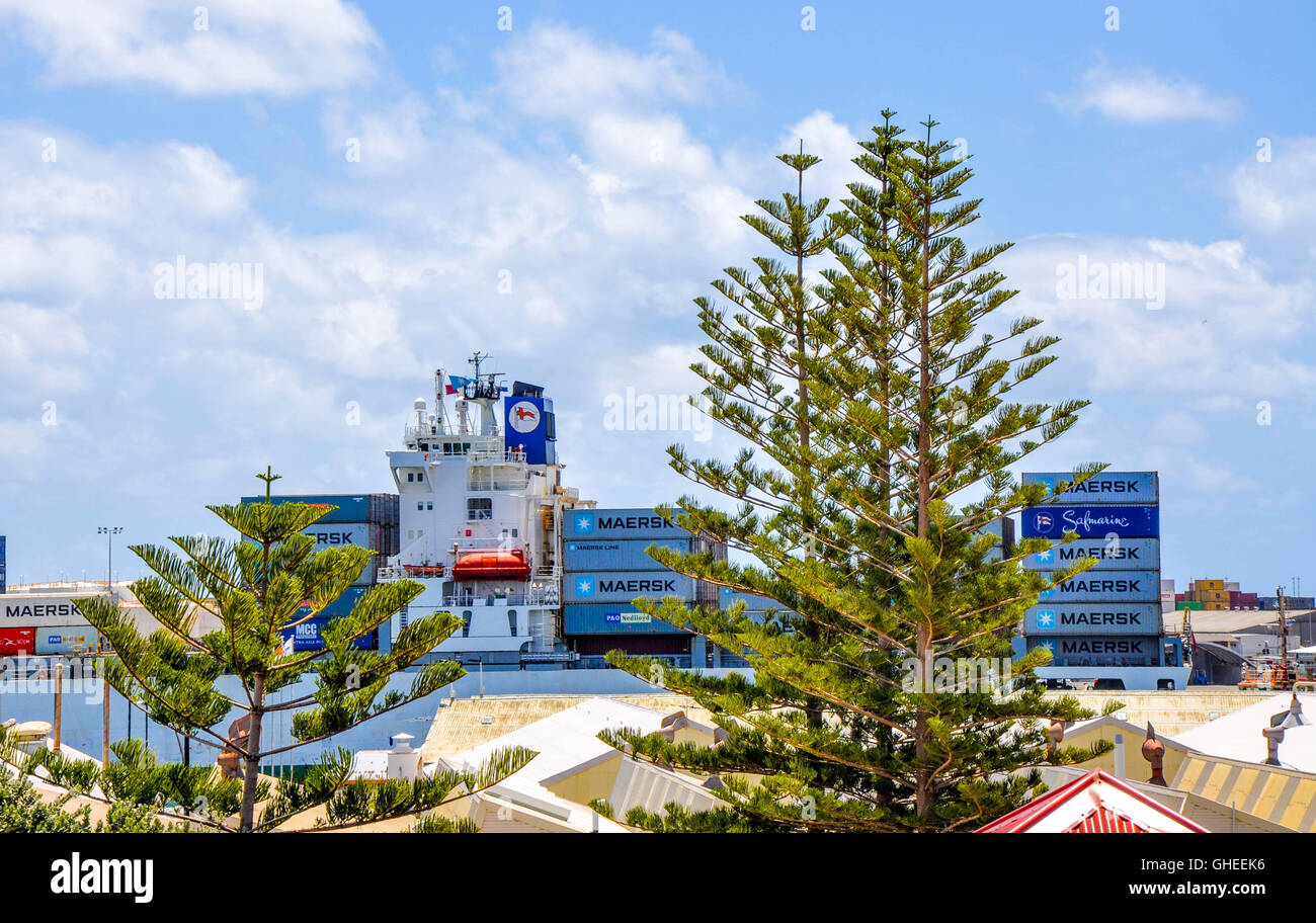 Großes Schiff mit gestapelte Seecontainer in den Hafen von Fremantle mit Norfolk Pinien bei bewölktem Himmel in Western Australia Stockfoto