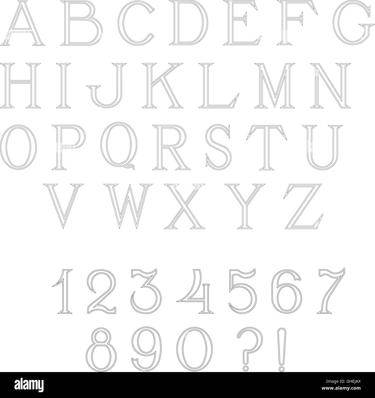 Einfache und elegante handgefertigte Alphabet Großbuchstaben und Ziffern Stock Vektor