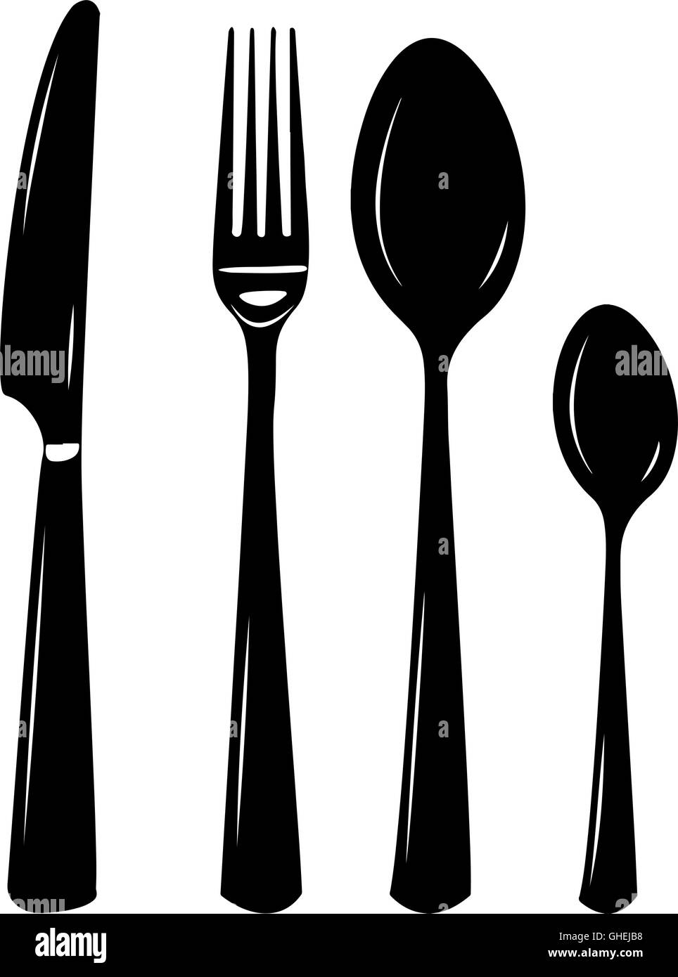 Besteck-Vektor-Illustration von Messer, Löffel, Gabel, Teelöffel. Silhouetten in schwarz / weiß Stock Vektor