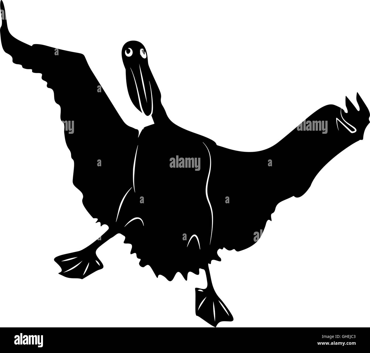 Lustige Pelikan zu verbreiten-Flügel-Vektor-Illustration stilisiert in schwarz / weiß Stock Vektor