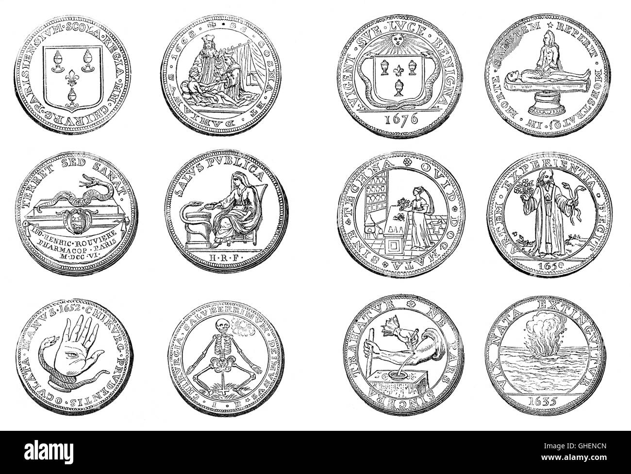Medizinische numismatische Münzen der Fakultät für Medizin der Paris, 17. Jahrhundert Stockfoto