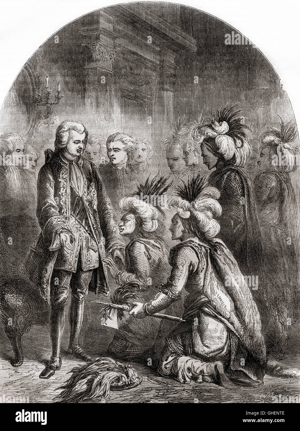 Indianer sind am Hof von George III, London, England, 1777 vorgestellt. Stockfoto